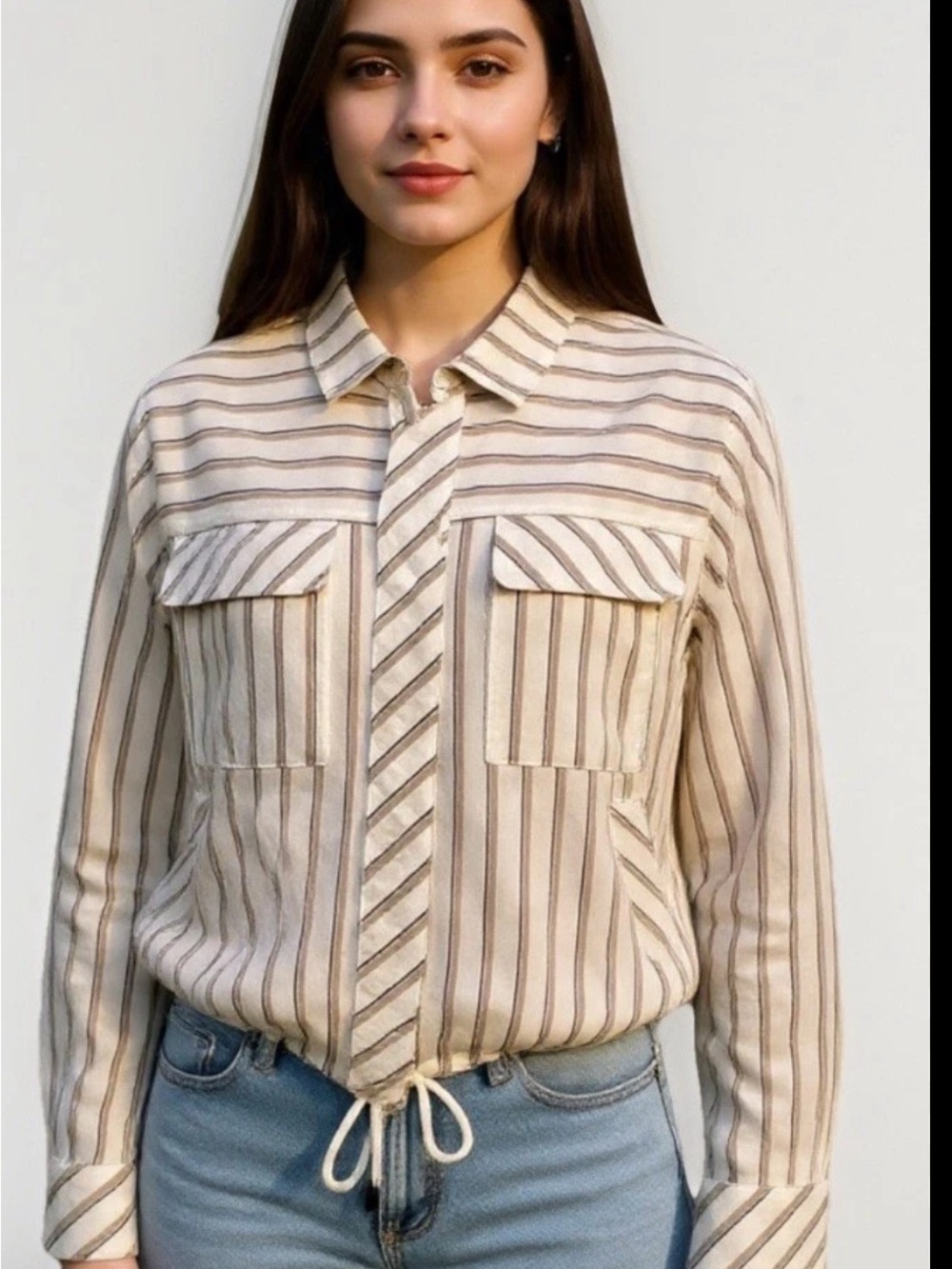 Cavallini Striped Drawstring Hem Button-Down Shirt - Cream